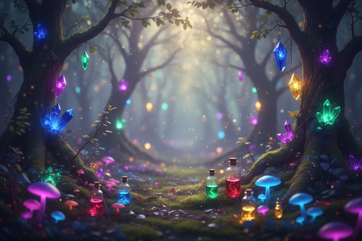 Enchanted Forest with Crystals, Mushrooms and Oil Vials
