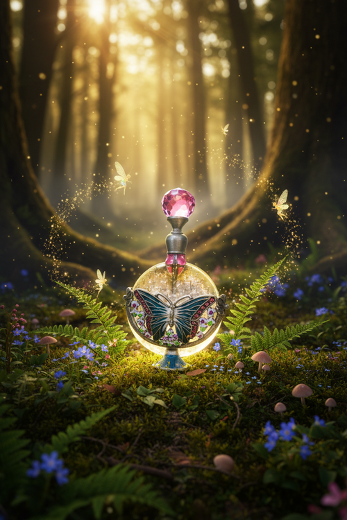 Transcendence — Blue Butterfly with Fairies in Enchanted Forest