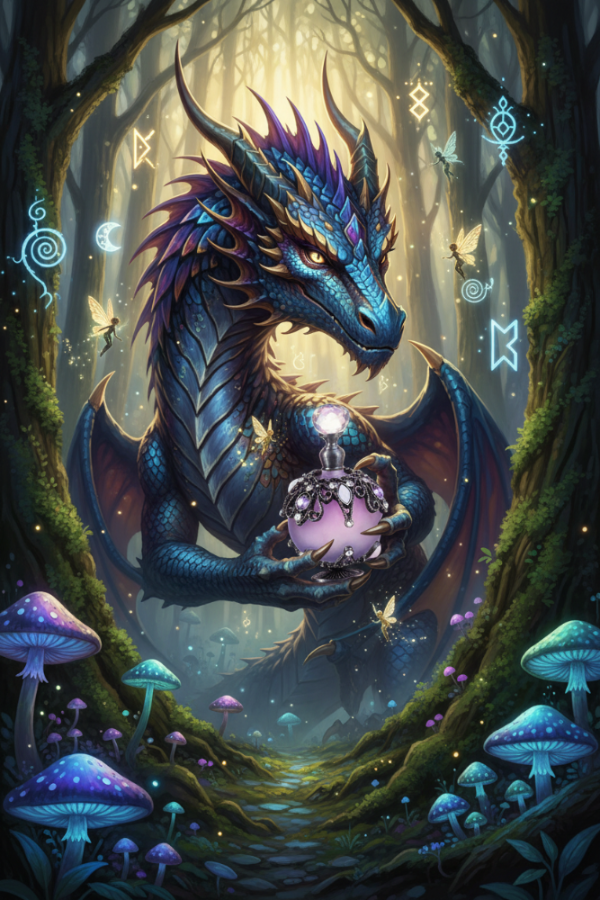 Vaugh's Vizionz — Dragon holding the frosted lavender bottle
